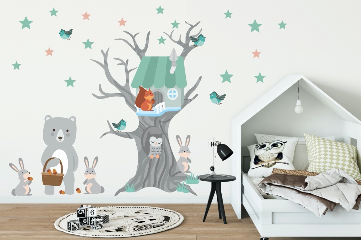 Milá nálepka na zeď pro děti zvířátka z domečku 100 x 200 cm