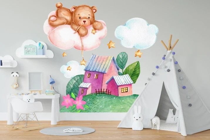 Nálepka na zeď pro děti pohádkový domeček a medvídek