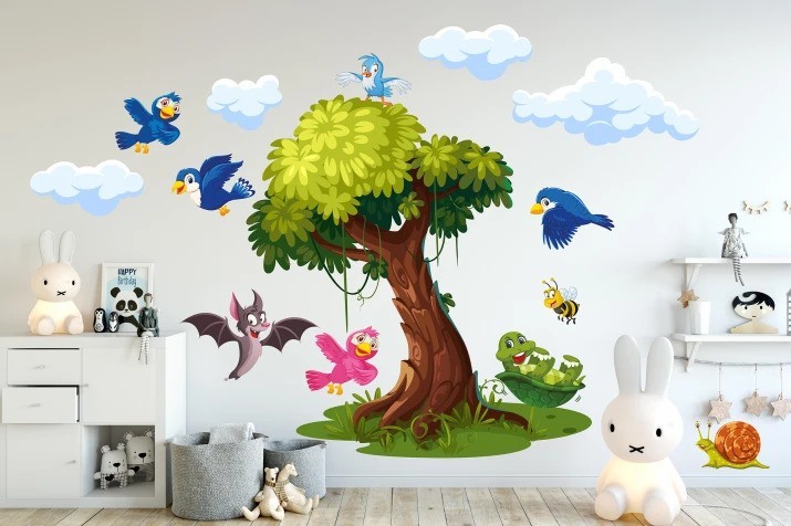 Nálepka na zeď pro děti strom a veselé ptáčci