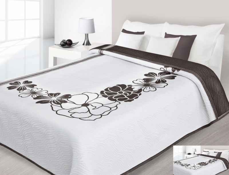 Luxusní oboustranný přehoz na postel bílý s hnědými ornamenty