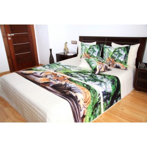 Zeleno smetanový přehoz na postel s motivem tygra