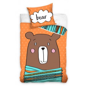 Oranžové povlečení na postel s hnědým medvědem