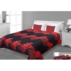 Přehoz na postel černé barvy s červenými listy