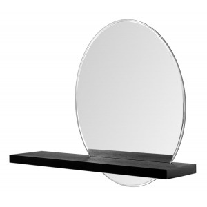 Moderní závěsné oválné zrcadlo osazené v černé poličce