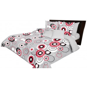 Originální šedý prošívaný přehoz na postel s potiskem červených kruhů