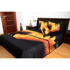 Přehoz na manželskou postel černé barvy se slunečnicemi