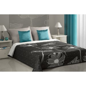 Oboustranné černé přehozy na manželskou postel s motivem šedo-bílých květů