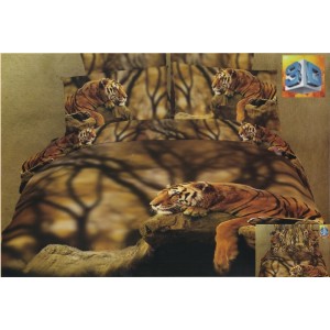Hnědé bavlněné povlečení na postel tygrem ležícím na kameni