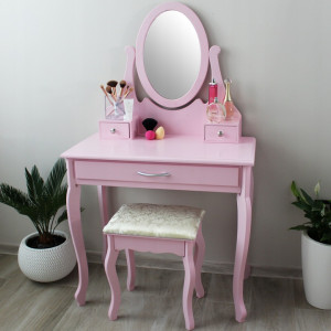 Moderní toaletní stolek v růžové barvě s velkou zásuvkou