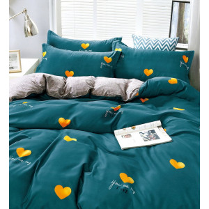 Krásné tmavě tyrkysová povlečení na postel s oranžovými srdíčky