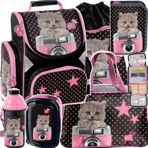 Krásná školní taška s kočkou v kombinaci šesti produktů