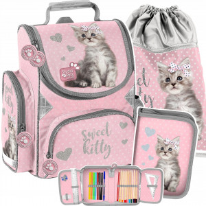 Kvalitní školní taška pro dívky v třídílné sadě a šedě růžové barvě