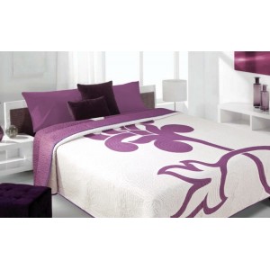 Moderní a luxusní oboustranný přehoz na postel bílý s fialovým květem