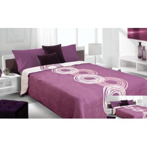 Moderní a luxusní oboustranný přehoz na postel fialový s bílými kruhy