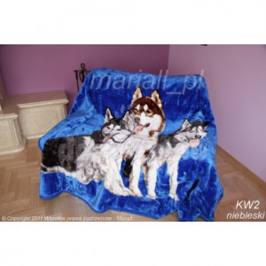 Moderní luxusní deka z akrylu modré barvy s motivem vlků