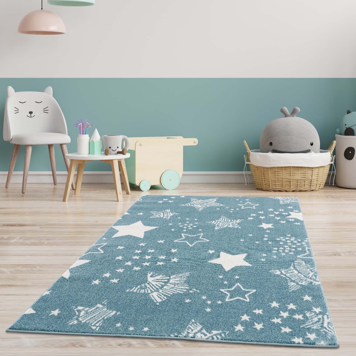 Originální modrý koberec do dětského pokoje STARS