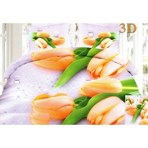 Moderní ložní 3D povlečení v bílé barvě s oranžovými tulipány
