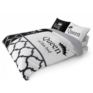 Černobílé ložní povlečení s nápisy King &amp; Queen