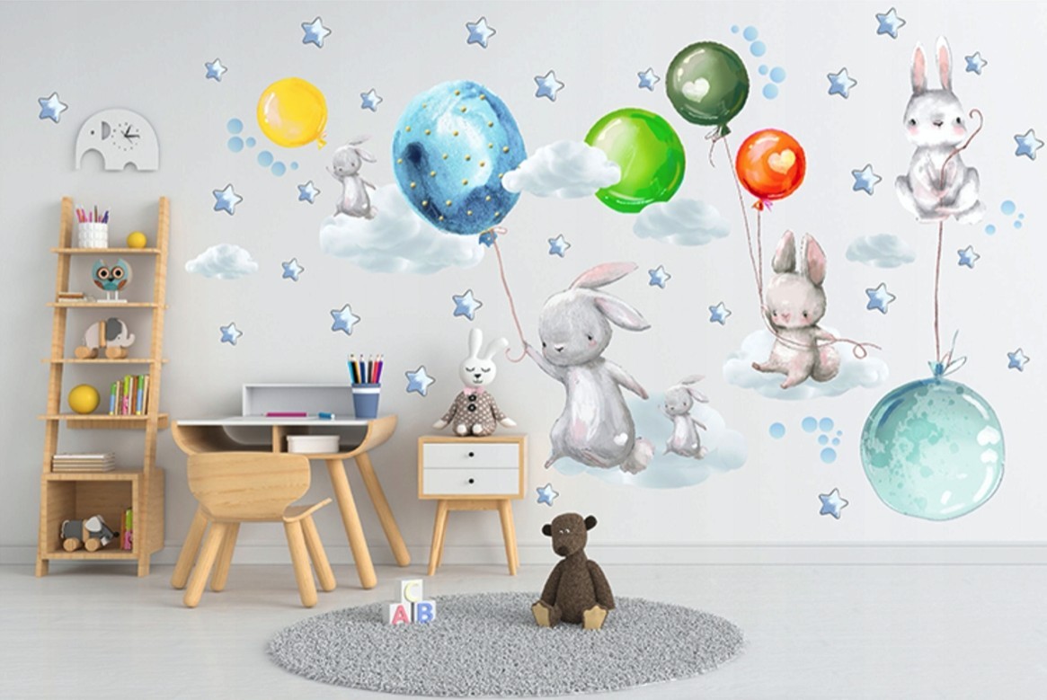 Nálepky do dětského pokoje zajíčci s barevnými balóny