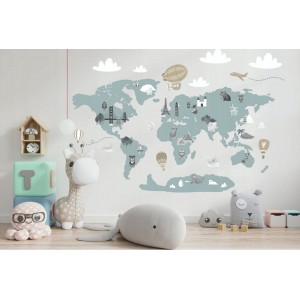 Moderní dětská nálepka na zeď v jemné pastelové barvě mapa světa 80 x 160 cm
