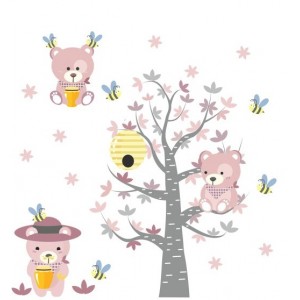 Krásná dětská nálepka na zeď růžové medvídci a včelky