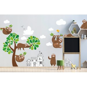 Krásná velká nálepka na zeď do dětského pokoje lenochodí rodinka 100 x 200 cm