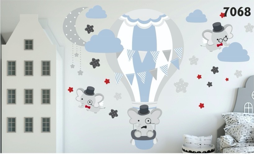 Kvalitní nálepka na zeď do dětského pokoje létající sloníci