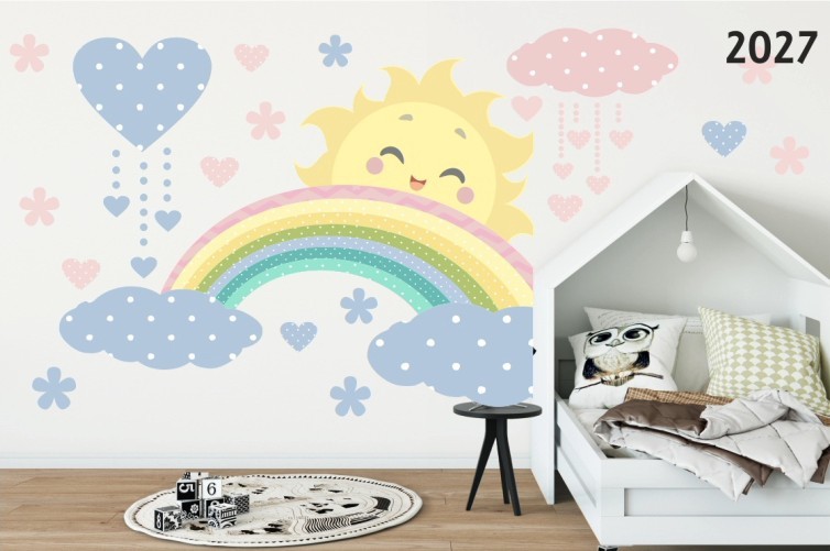 Krásná nálepka na zeď v pastelových barvách sluníčko duha a mraky