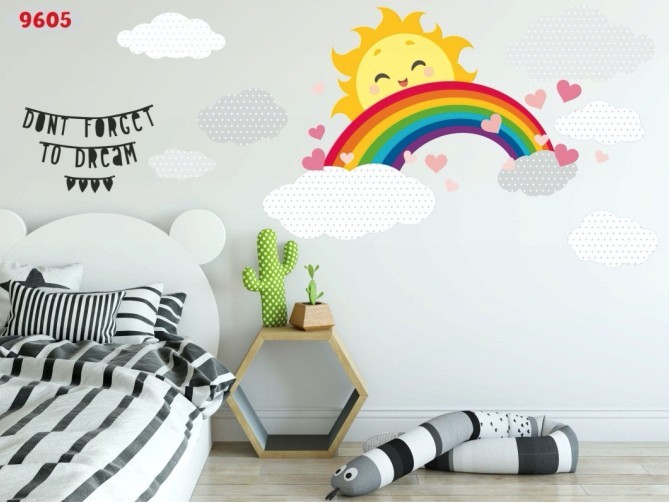 Veselá barevná dětská nálepka na stěně s pozitivním motivem sluníčka a duhy