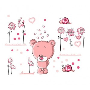Kvalitní růžová nálepka na zeď zamyšlený medvídek