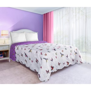 Oboustranné bílo fialové přehozy na manželskou postel s motivem barevných motýlů