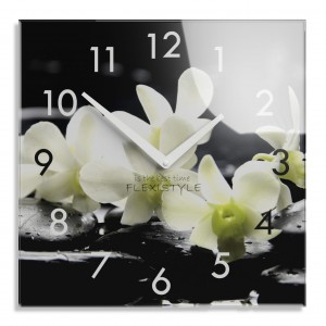 Dekorační skleněné hodiny 30 cm s bílou orchidejí