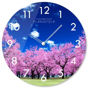 Kulaté skleněné hodiny 30 cm s motivem kvetoucích stromů