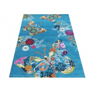 Moderní koberec do dětského pokoje v modré barvě s dokonalým motivem motýlů