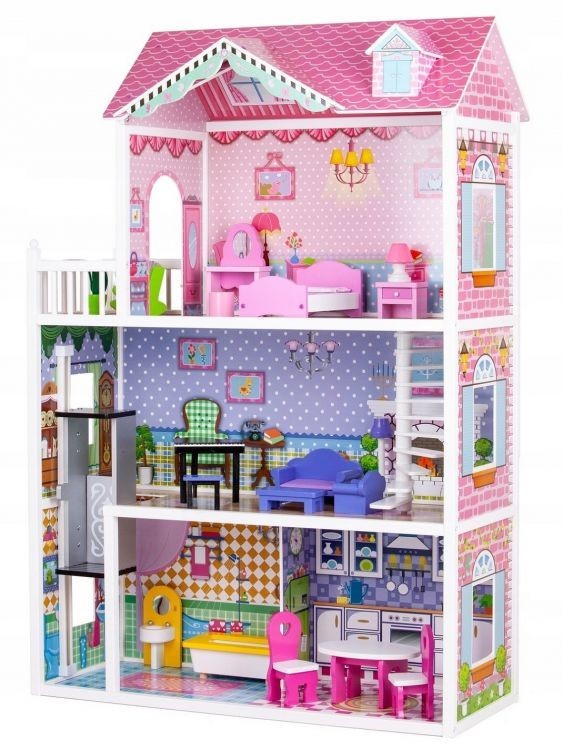 Dřevěný domeček pro panenky s výtahem v růžové barvě