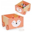 Dřevěný úložný box na šňůrce s kolečky a motivem lišky