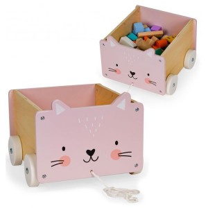 Dřevěný úložný box na šňůrce s kolečky a motivem růžové kočičky