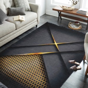 Originální černě zlatý koberec do obývacího pokoje s třásněmi