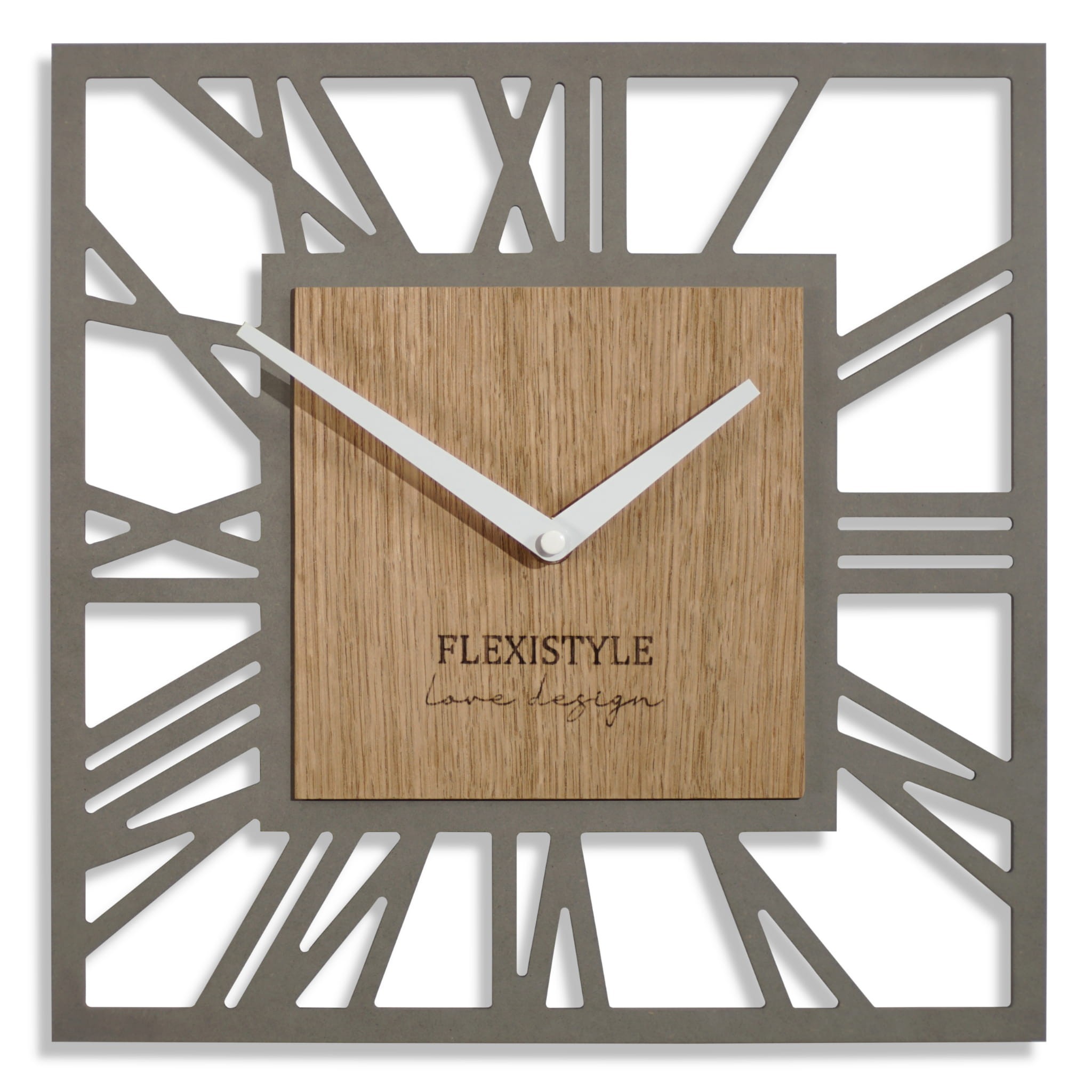 Dřevěné nástěnné hodiny ve tvaru čtverce v šedé barvě
