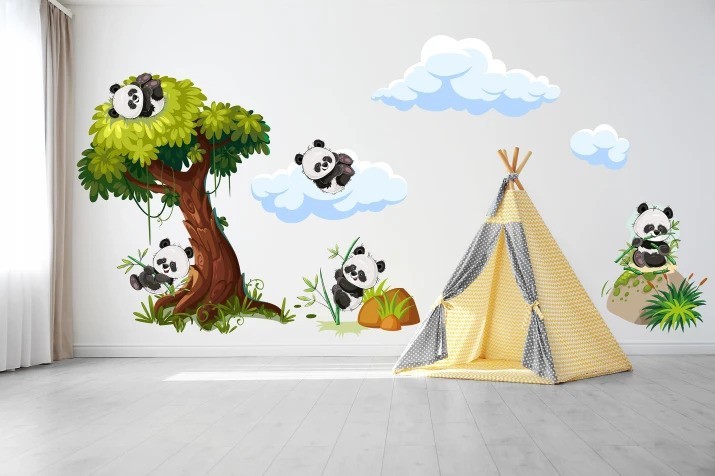 Nálepka na zeď pro děti veselé pandy na stromě