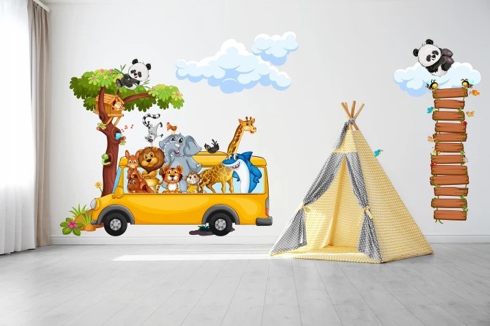 Nálepka na zeď pro děti veselé safari zvířátka v autobuse