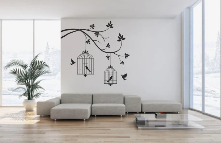 Nálepka na zeď do interiéru s motivem ptáčků v kleci