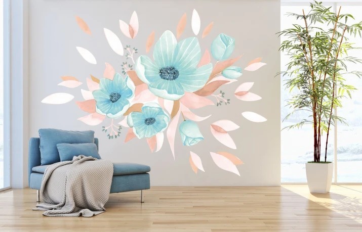 Nálepka na zeď do interiéru kytice modrých květin