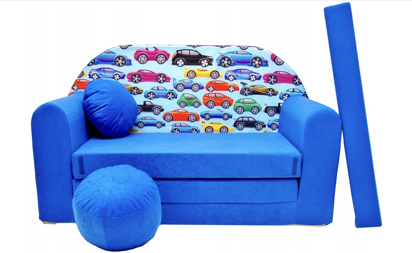 Dětská modrá rozkládací pohovka s barevnými autíčky 98 x 170 cm