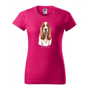 Trendy dámske bavlnené tričko s potlačou poľovníckeho psa basset