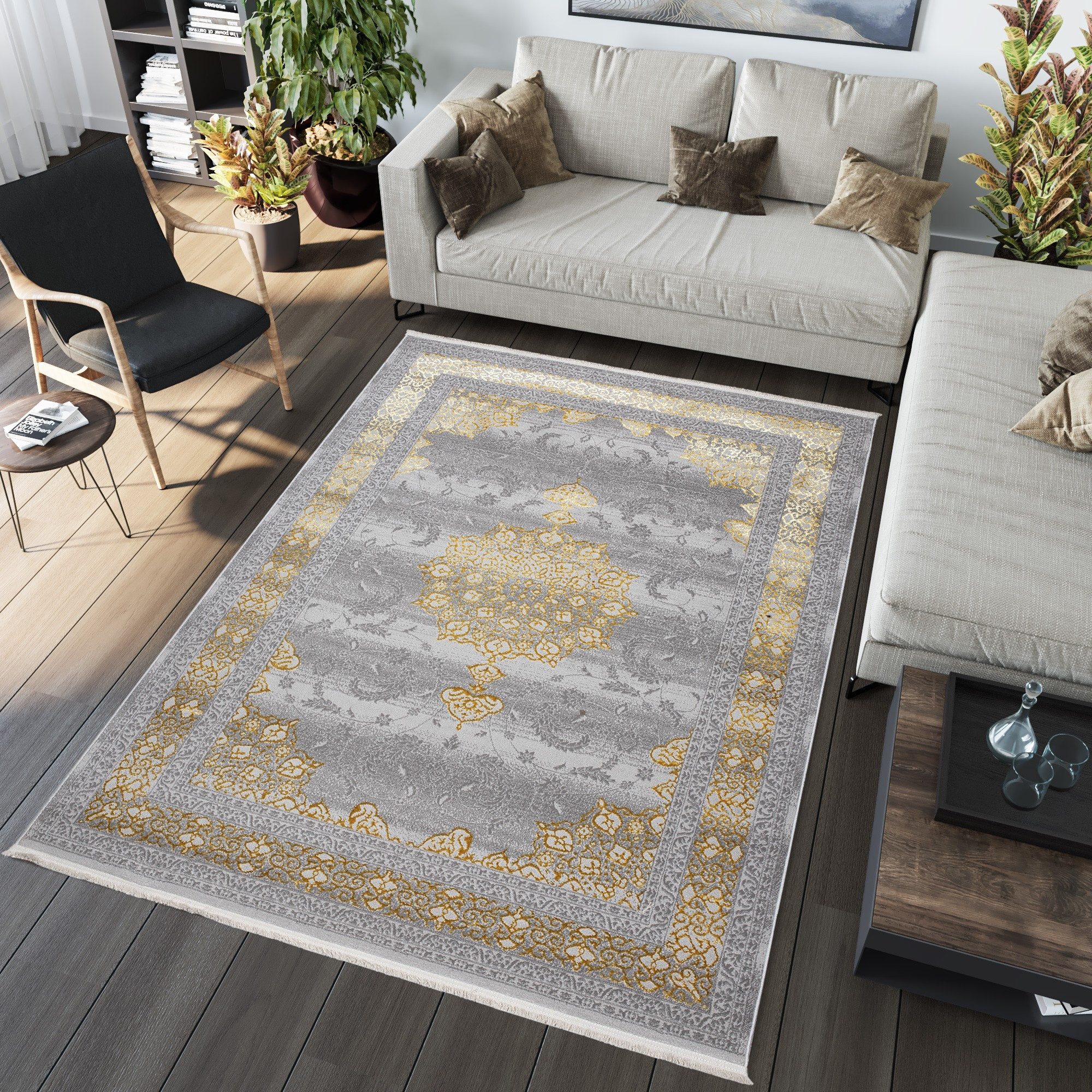 Exkluzivní šedý koberec se zlatým orientálním vzorem