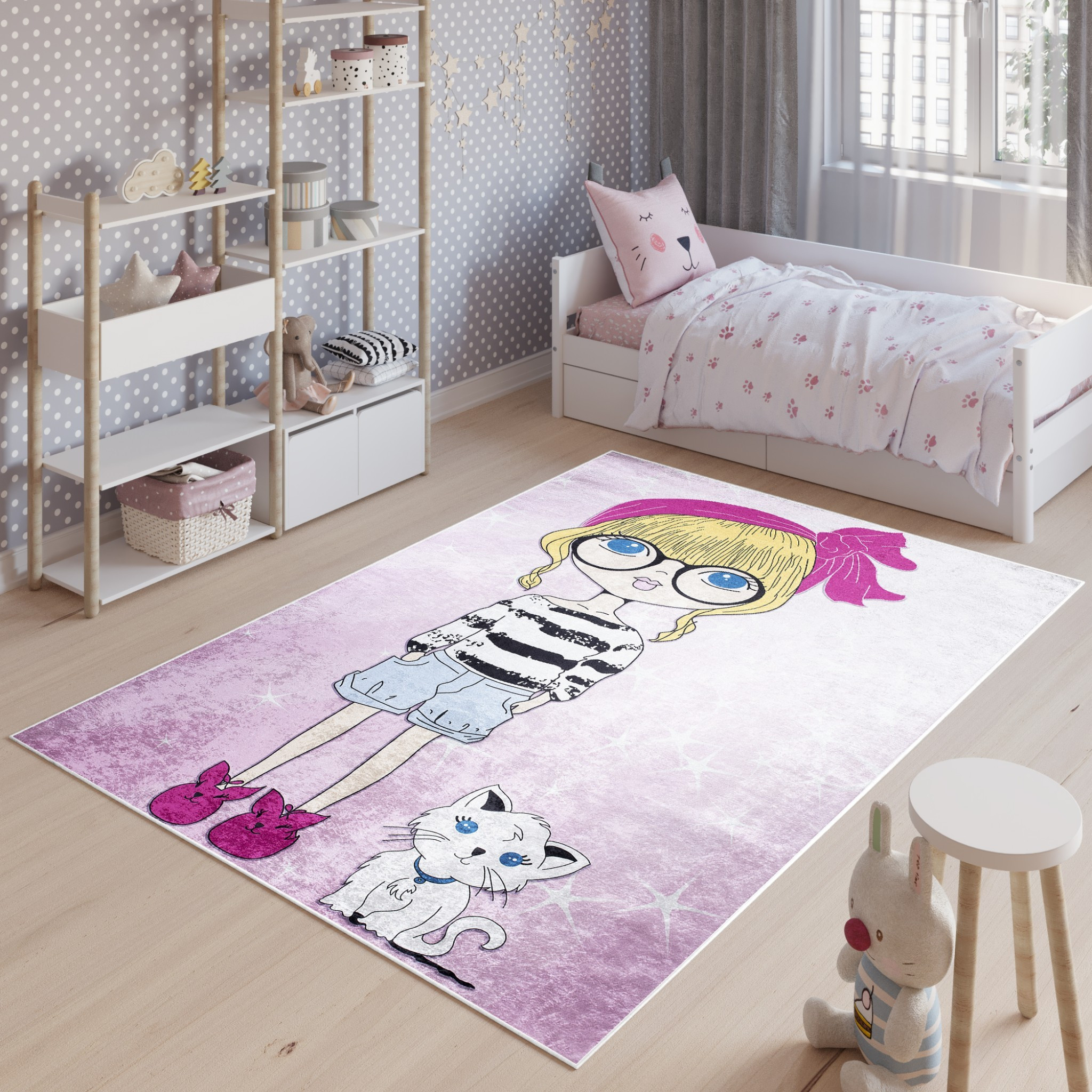 Dětský koberec do dívčího pokoje se slečnou a kočičkou