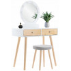 Bílý dřevěný toaletní stolek s LED zrcadlem a taburetem